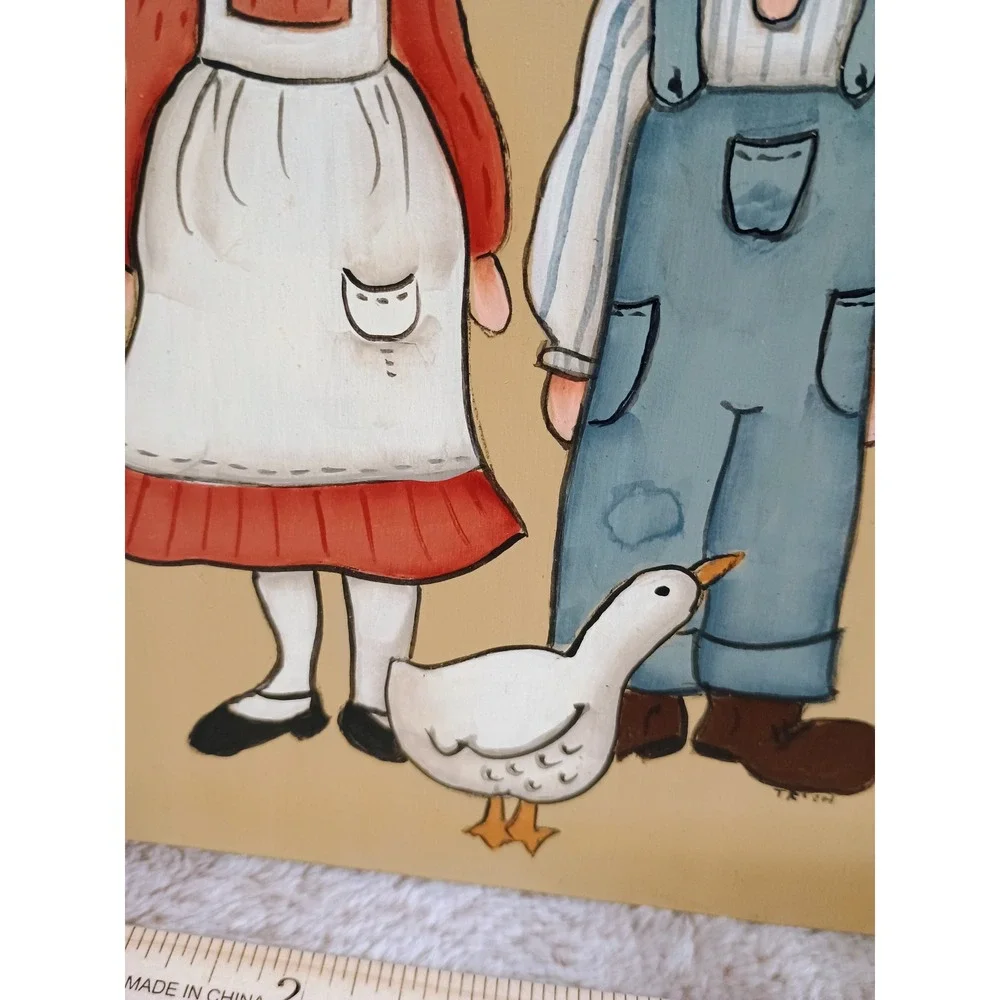 Vintage Hand Painted‎ Wood Folk Art Plaque Amish Couple Goose Heart Wall Decor